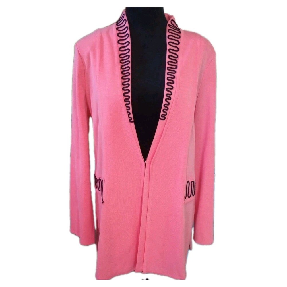 Ming Wang Women's M Coral & Black Embroidered Long Cardigan